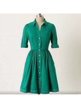 Moulinette Soeurs Emerald Green Button-Front Midi Shirt Dress